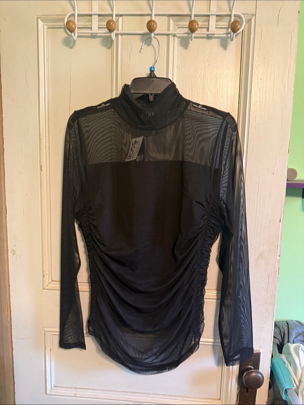 DKNY Black Sheer Mesh Ruched Long-Sleeve Top